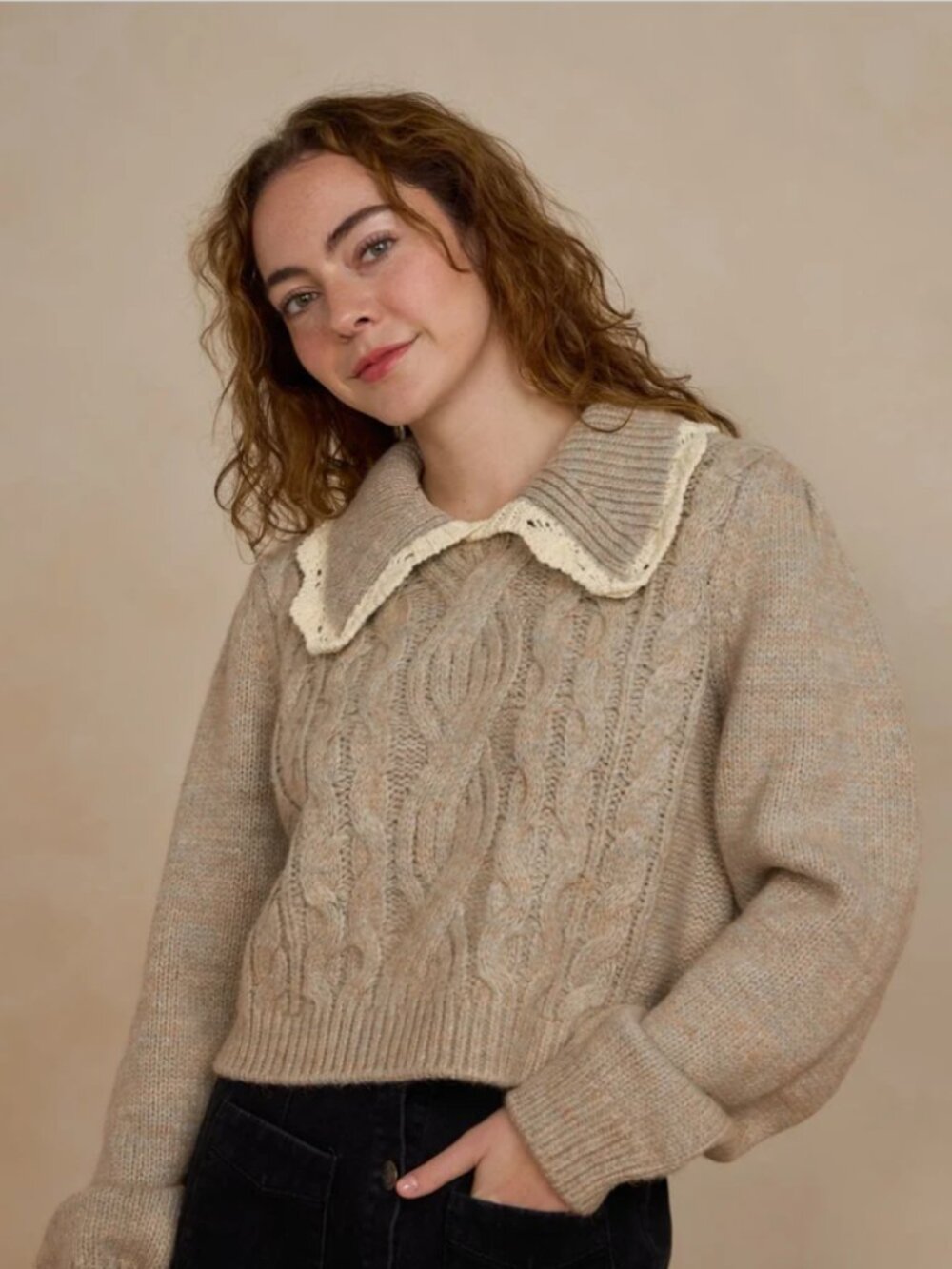 NWT Women Rylee + Cru Crochet Collar Heathered Sand Wool Blend Alice Sweater XL